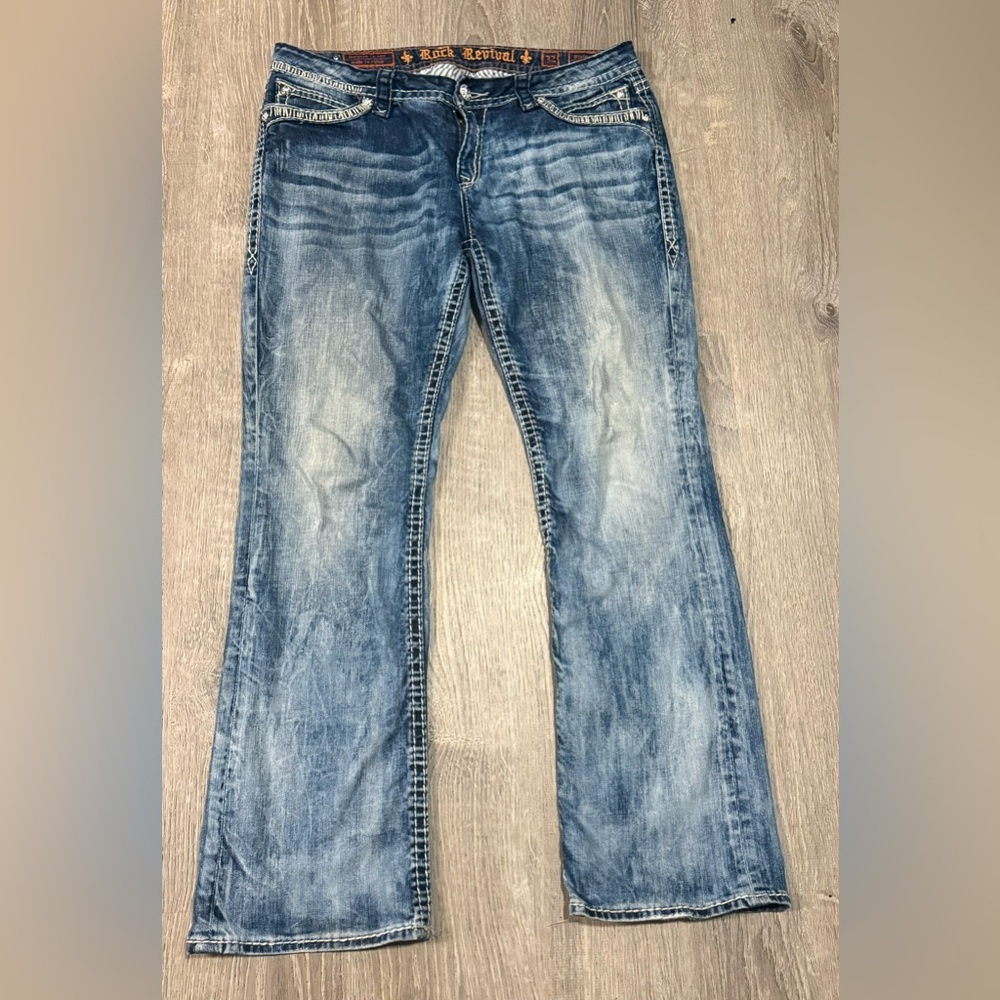 Rock Revival Elaina Bootcut Jeans 36x30 Medium Wash Distressed Denim - Picture 2 of 8